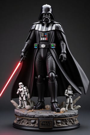 An imposing porcelain figure of Darth Vader stands in menacing authority. Every detail of his iconic black armor is meticulously crafted, capturing the essence of the Dark Lord of the Sith. His helmet, with its gleaming black surface and precise contours, reflects the light ominously. The flowing cape, made of fine porcelain, adds a dynamic sense of movement to the figure. He wields his crimson lightsaber, which is intricately detailed and exudes power. Surrounding him are elements of the Star Wars universe, including a detailed Death Star backdrop, menacing Stormtroopers, and futuristic machinery, creating an epic scene. The base is adorned with the Imperial insignia, adding to the grandeur of the figure. Every aspect of this porcelain masterpiece showcases the highest level of artistry and craftsmanship, making it a true collector's item