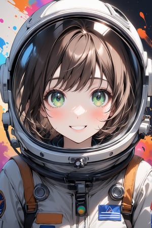 1girl, green eyes, brown hair, short hair, astronaut helmet, astronaut suit, warm and cute smile, simple background, colorful ink brushstrokes in background, beautiful eyes, detailed face, beautiful image.