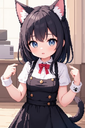 1girl, solo, long hair, looking at viewer, blush, open mouth, bangs, blue eyes, shirt, black hair, dress, bow, animal ears, tail, white shirt, short sleeves, collared shirt, indoors, cat ears, bowtie, medium hair, :o, black dress, red bow, cat tail, animal ear fluff, wrist cuffs, hands up, buttons, cat girl, red bowtie, paw pose, Pixel art.