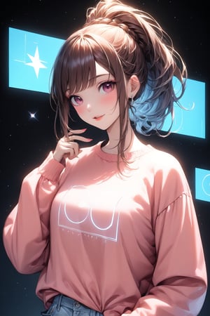 1girl, solo, holographic art, holographic clothes, stars, casual, holographic casual outfit, random pose, random hairstyle, light particles, ponytail hairstyle, holographic makeup, ((masterpiece quality: 2))