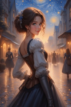 1girl, masterpiece quality, upper body, looking at viewer, smiling, corset, walking in renacentist city, front view, full body, close up, stunning image, light particles, stunning image, digital art, professional style, ((masterpiece quality: 2)), starry night, close up, attractive image, fine art parody, oil painting style.