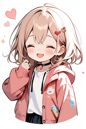 1girl, solo, long hair, blush, smile, open mouth, bangs, blonde hair, simple background, full body, shirt, hair ornament, white background, ribbon, hair between eyes, jacket, closed eyes, white shirt, upper body, food, open clothes, choker, collared shirt, hood, open jacket, black ribbon, hoodie, ^ ^, black choker, blush stickers, hood down, hooded jacket, facing viewer, drawstring, pink jacket, heart hairpin, isometric view, Chibi character,Details,Deformed