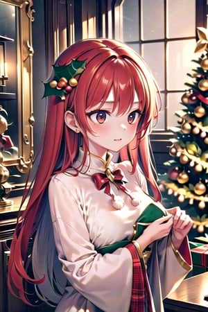 vibrant colors,  female,  masterpiece,  sharp focus,  best quality,  depth of field,  cinematic lighting,  ((solo,  adult woman)),  (illustration,  8k CG,  extremely detailed),  masterpiece,  ultra-detailed,  1 girl,  long hair,  white hair,  red hair locks,  flowing hair,  reyes,  beautiful girl,  Festive Grace: The Girl Adorning the Christmas Tree,  in a room illuminated by the soft glow of holiday lights,  a girl delicately adorns the Christmas tree with ornaments and tinsel. The detailed illustration captures the enchanting moment as she brings festive magic to every branch,  embodying the spirit of holiday traditions,  dressed in cozy attire suitable for the season,  the room is filled with the warm hues of holiday decorations,  creating an inviting atmosphere. Each ornament she places on the tree contributes to a tapestry of memories and the room resonates with the joyous spirit of the holiday season,,,,Christmas