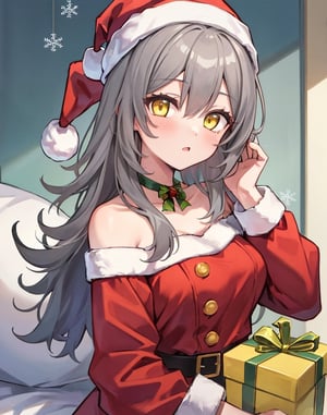 best quality, high resolution, 1girl, yellow eyes. grey hair, steldef, yellow eyes, christmas_hat, (santa_costume), masterpiece, medium_breasts, upper_body