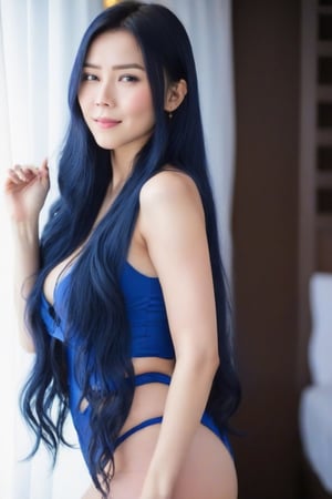 25 year old korean/elf female, long flowing dark blue hair, big ample breast, perfectbreasts,p3rfect boobs,supermodel\(hubggirl)\, sexy asian