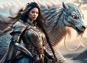 A powerful image of a Chinese female warrior, elegantly dressed in traditional armor, commanding a majestic dragon. The dragon, intricately detailed with scales and a flowing mane, hovers obediently beside her. The background is a serene, tranquil landscape, possibly a misty mountain range or a calm lake, reflecting the peaceful yet commanding presence of the warrior and her dragon. The scene is imbued with a sense of ancient mysticism and strength, showcasing the harmony between the warrior and her mythical companion.