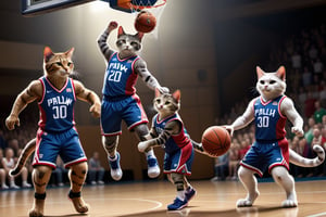 In this adorable tableau, several groups of cats are engaged in a spirited game of "paw-sketball," donning miniature versions of basketball jerseys and shorts. The feline athletes are divided into teams, each showcasing their unique team colors and logos.

The court, marked with paw prints and vibrant patterns, is alive with the energetic hustle of the players. Cats dribble the basketball with their paws, execute clever passes, and attempt nimble slam dunks on a lowered hoop, all while sporting tiny jerseys that mirror the enthusiasm of their human counterparts.

The cat players exhibit a range of athletic prowess—from agile point guards weaving through the defense to nimble forwards making acrobatic leaps for rebounds. Some cats perch on the sidelines, eagerly awaiting their turn to join the game, their tails twitching with anticipation.

The atmosphere is filled with the camaraderie of team sports, as feline teammates communicate through playful meows and coordinated movements. The sidelines are dotted with toy mice and balls, serving as both obstacles and additional entertainment for the enthusiastic players.

Human-sized basketball jerseys, shorts, and even tiny sneakers are scattered around the court, emphasizing the delightful parallel between the cats' miniature sportsmanship and the familiar trappings of a human basketball game.

Sunlight bathes the scene, casting a warm glow on the furry athletes as they engage in this charming and whimsical display of teamwork and camaraderie. It's a delightful snapshot of cats seamlessly integrating into the world of sports, bringing joy and laughter to anyone lucky enough to witness their playful athleticism.