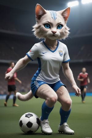 
Create an image of the anthropomorphic female cat character, with her consistent facial features from previous images, playing soccer. She should be in an athletic soccer pose, wearing a soccer kit, complete with cleats and possibly dribbling or kicking a soccer ball. Her distinctive white fur, blue eyes, and facial markings should be clearly visible, conveying energy and skill. The background should be a soccer field, capturing the action and excitement of a soccer match. This scene should embody the spirit of teamwork and athleticism, perfect for an NFT collection that celebrates sports and active pursuits.
