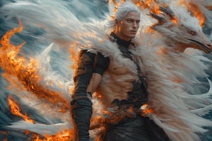 concept art of Travis Fimmel as handsome white haired Targaryen prince, Travis Fimmel, Travis Fimmel, game of thrones, house of dragon, dark gloomy moody dark grey castle fire background, manly, muscular, sexy, red eyes, tall, all black tight fitted clothes, black clothes, warrior, tight fitted black knee high boots, tight fitted black pants, perfect face, hyper realistic face, intricate, detailed, strong, sexy, dangerous, fearsome, long waist length white hair in a single braid down the back, evil, very handsome man, strong handsome face, muscular arms, perfect nose, black cape, long waist length straight white hair in a single braid, square face shape, chiseled strong jawline, tough, tan skin, full body view, clean shaven face, waist length straight hair