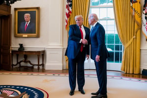 /imagine Realistic photo taken from a broken camera of a news photographer how, Trump shakes Biden's hand hard 