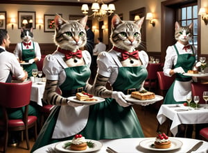 Generate an image featuring 4 cat transformed into a feminine form, serving as a waitress in an upscale restaurant bustling with patrons. The feline waitress, elegantly attired in a chic santa_dress(,smiling face and gracefully moves among well-appointed tables occupied by diverse groups of people.) She carries an impeccably arranged tray, poised to take orders or deliver culinary delights.

The restaurant exudes an air of sophistication, with dimmed lighting casting a warm glow on polished silverware and tastefully arranged centerpieces. Patrons seated at tables engage in lively conversations, enjoying fine dining in this refined establishment. The cat waitress seamlessly navigates through the dining area, adding a touch of charm and whimsy to the upscale ambiance.

Ensure the image captures various expressions from patrons, reflecting a mix of delight, surprise, and amusement at the presence of the feline waitress. The scene should convey a harmonious blend of the cat's feminine grace and the conviviality of a high-end dining experience. santa_dress, Christmas vibe,