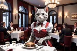 Generate an image featuring a cat transformed into a feminine form, serving as a waitress in an upscale restaurant bustling with patrons. The feline waitress, elegantly attired in a chic santa_dress(,smiling face and gracefully moves among well-appointed tables occupied by diverse groups of people.) She carries an impeccably arranged tray, poised to take orders or deliver culinary delights.

The restaurant exudes an air of sophistication, with dimmed lighting casting a warm glow on polished silverware and tastefully arranged centerpieces. Patrons seated at tables engage in lively conversations, enjoying fine dining in this refined establishment. The cat waitress seamlessly navigates through the dining area, adding a touch of charm and whimsy to the upscale ambiance.

Ensure the image captures various expressions from patrons, reflecting a mix of delight, surprise, and amusement at the presence of the feline waitress. The scene should convey a harmonious blend of the cat's feminine grace and the conviviality of a high-end dining experience. santa_dress, Christmas vibe,