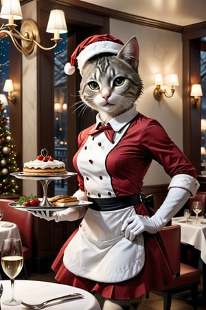 Generate an image featuring a cat transformed into a feminine form,  serving as a waitress in an upscale restaurant bustling with patrons. The feline waitress,  elegantly attired in a chic uniform,  gracefully moves among well-appointed tables occupied by diverse groups of people. She carries an impeccably arranged tray,  poised to take orders or deliver culinary delights. and a smiley faceThe restaurant exudes an air of sophistication,  with dimmed lighting casting a warm glow on polished silverware and tastefully arranged centerpieces. Patrons seated at tables engage in lively conversations,  enjoying fine dining in this refined establishment. The cat waitress seamlessly navigates through the dining area,  adding a touch of charm and whimsy to the upscale ambiance.Ensure the image captures various expressions from patrons,  reflecting a mix of delight,  surprise,  and amusement at the presence of the feline waitress. The scene should convey a harmonious blend of the cat's feminine grace and the conviviality of a high-end dining experience., santa_dress, Christmas vibe,santa_dress
