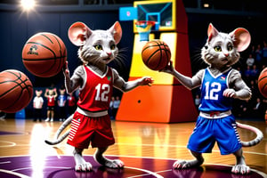 In this heartwarming and whimsical scene, a vibrant basketball court serves as the stage for an unexpected and delightful matchup between a team of cats and a team of mice. The court is adorned with colorful paw prints, mouse-themed decorations, and tiny basketballs scattered about.

The cat team, donned in miniature basketball jerseys and shorts, showcases their feline athleticism as they engage in skillful plays. With agile dribbles and coordinated passes, the cats demonstrate their prowess on the court, eyes focused on the hoop, ready for a friendly game.

On the opposing side, a team of mice, sporting their own adorable jerseys and shorts, scurry with remarkable speed and agility. Despite their size, the mice confidently handle the basketball, weaving through the cat defenders and attempting daring shots at the hoop. The dynamic between the two teams is both competitive and endearing.

Spectators, consisting of both cats and mice on the sidelines, watch the game with wide-eyed excitement. Tails twitch in anticipation, creating a lively and engaging atmosphere. Some cats sit on their haunches, while mice stand on their hind legs, creating a charming contrast as they cheer for their respective teams.

Sunlight bathes the scene in a warm glow, capturing the joy and unity of this unconventional and heartwarming sports event. The shared camaraderie and sportsmanship between cats and mice create a moment of pure delight, emphasizing the power of play to bring different species together in a spirit of fun and friendship. It's a charming snapshot that warms the hearts of all who witness this extraordinary feline-mouse basketball showdown.






