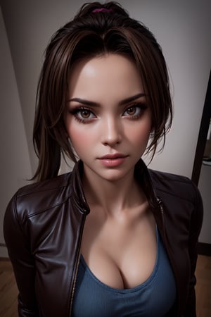 HD, extremely detailed, 8k, insane details, hyperdetailed, ((best quality:1.2)),(highly detailed:1.1), masterpiece, detailed face, beautiful face, Jodi, 1girl, brown eyes, brown hair, jacket, leather jacket, blue jeans, shirt, sidelocks, ponytail, makeup, thick lips, dark skin, looking at viewer, indoors background, 3d, textured skin, ((realistic:1.2)), photorealistic, reality, close up, portrait