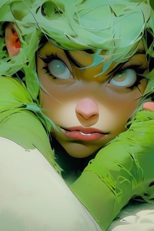 (Extreme close-up:1.5), ((Anime artwork. Portait of a girl with blue hair, thick lips. Impasto style, brushwork)), ginger demon girl, (bighorns-horns), white skin, (smokey eyes, white sclera), ((green-eyes)), messy long weavy hair, perfect curvy body, (full and huge breast:1.4), (dressing on a (black gloves):1.4), (high-heels:1.2), (kneeling on the luxury sheets:1.4), vintage dark fluffy bedroom background, backlighting

