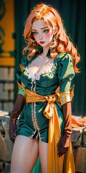 (masterpiece, best quality,high detailed), picture perfect face, blush, freckled, girl, perfect female body,slim,thicc hips, beautiful, cute, hot, sexy, lipgloss, makeup, longeyelashes, redhead orange, long hair, wavy hair, ribbon, Green eyes, sleeves, Green dress, gloves,