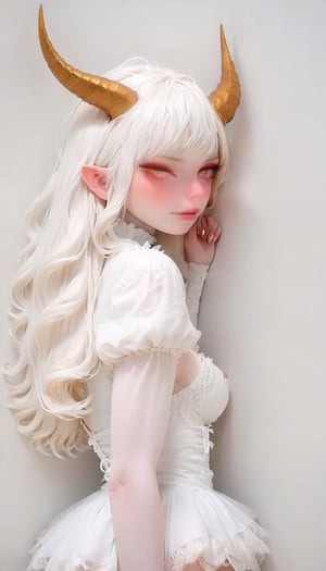 (Full body shot:1.5), best quality, highest quality, extremely detailed CG unity 8k wallpaper, detailed and intricate, (masterful), 1 girl, (albino demon girl:1.4), with (enchantingly beautiful), (Aesthetic minimalist makeup girl), (long intricate horns:1.4), alabaster skin, ((smirking)), ((girl has sky-blue eyes), ((Depth and Dimension in the Pupils))), ((very long wavy hair, orange-copper colored hair)), (voluptuous woman:1.5), ((huge breasts:1.4)), wide hips, huge ass, thighs tights, perfect legs and feet's,  ((A girl in Fairy Grunge fashion)), (wearing a (white sheer tattered lace dress), ((deep unmoral cleavage)), paired with (((high-heels, platform heels))), ((ribbon hair-bow)), and mismatched socks)), gold accessories), ((well decorated pastel apartment), (realistic environment with sun reflections and shadows), very high quality cinematographic scenography, breathtaking scene of a great masterpiece, crazy 8k graphics, everything wonderful and detailed photorealistic, kitakoumae