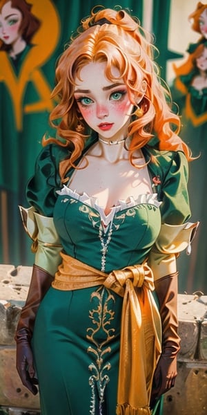 (masterpiece, best quality,high detailed), picture perfect face, blush, freckled, girl, perfect female body,slim,thicc hips, beautiful, cute, hot, sexy, lipgloss, makeup, longeyelashes, redhead orange, long hair, wavy hair, ribbon, Green eyes, sleeves, Green dress, gloves,