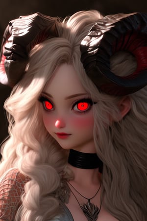 (Extreme close shot:1.2), ((face focus:1.3)), (wide-opened:1.4), best quality, highest quality, extremely detailed CG unity 8k wallpaper, detailed and intricate, (masterful), 1 girl, albino demon girl,((slit pupil eyes)), (very long wavy hair), (a voluptuous woman:1.4), ((huge breasts)), wide hips, huge ass, thighs tights, (wearing a mesh fishnet blouse), (long intricate horns:1.4), alabaster skin, ((A benevolent smile)), ((girl has Beautiful deep red eyes)), soft expression, ((Depth and Dimension in the Pupils)), ((bondage leather harness)),