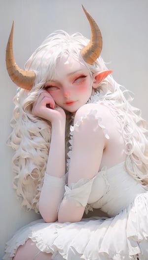 ((((Full body shot:1.5)))), best quality, highest quality, extremely detailed CG unity 8k wallpaper, detailed and intricate, (masterful), 1 girl, (albino demon girl:1.4), with (enchantingly beautiful), (Aesthetic minimalist makeup girl), (long intricate horns:1.4), alabaster skin, ((smirking)), ((girl has sky-blue eyes), ((Depth and Dimension in the Pupils))), ((very long wavy hair, orange-copper colored hair)), (voluptuous woman:1.5), ((huge breasts:1.4)), wide hips, huge ass, thighs tights, perfect legs and feet's,  ((A girl in Fairy Grunge fashion)), (wearing a (white sheer tattered lace dress), ((deep unmoral cleavage)), paired with (((high-heels, platform heels))), ((ribbon hair-bow)), and mismatched socks)), gold accessories), ((well decorated pastel apartment), (realistic environment with sun reflections and shadows), very high quality cinematographic scenography, breathtaking scene of a great masterpiece, crazy 8k graphics, everything wonderful and detailed photorealistic, kitakoumae