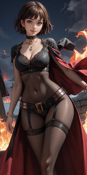 4K UHD, upscaled professional drawing, stunningly beautiful woman, eyebrows visible through hair,glistening_skin, masterpiece, finest quality art, thicc_thighs, hourglass_figure, choker, bracelets, solo_female, ear_rings, tall_girl, tall_female, necklace,female_solo,navel,jewelery,nighttime,flames,bodystocking,cleavage cutout,cross-laced_clothing,belt,sexy,evil smile,outdoors,windy,(dynamic pose: 1.3),confident,short_hair,braided_hair,brown_hair,light_brown_eyes,facing_viewer,toned,darkmage, cleavage,niijimamakoto,big_breasts