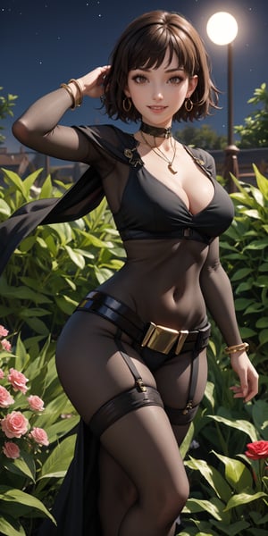 4K UHD, upscaled professional drawing, stunningly beautiful woman, eyebrows visible through hair,glistening_skin, masterpiece, finest quality art, thicc_thighs, hourglass_figure, choker, bracelets, solo_female, ear_rings, tall_girl, tall_female, necklace,female_solo,navel,jewelery,nighttime,garden,fantasy,flowers,bodystocking,cleavage cutout,cross-laced_clothing,belt,sexy,evil smile,outdoors,windy,(dynamic pose: 1.3),confident,short_hair,braided_hair,brown_hair,light_brown_eyes,facing_viewer,toned,darkmage, cleavage,niijimamakoto,big_breasts