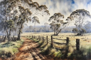 paddock with wooden fence, 5% low mist, gum trees, button grass, ultra hires, in the style of Hans Heysen and Carne Griffiths 