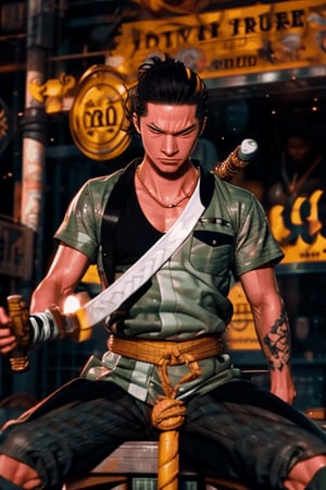 Create a dynamic animation showcasing Roronoa Zoro, exuding power and skill, engaging in a fierce fight scene. Captivate the viewer with the intense motion and precise strikes of his two swords. Emphasize the character's determination, showcasing his physique, wild hair, and unique clothing style. Illuminate the scene with dramatic lighting, highlighting Zoro's intensity. Draw inspiration from high-octane samurai films and capture the essence of the character's expertise and unwavering spirit in this electrifying animation. Max length: 323 chars.,roronoa zoro,zoro,man,Black hair