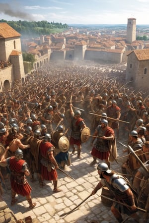 illustrates Germanic tribes looting a city in Roman times