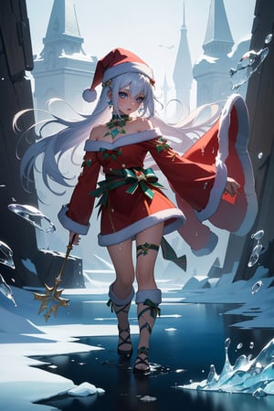 (masterpiece, top quality, best quality, unreal engine,official art, beautiful and aesthetic:1.2), (1girl:1.2), cute, extreme detailed, (abstract:1.4, fractal art:1.3), christmas, colorful, highest detailed,  water, wind, ice, (splash_art:1.2), jewelry:1.4, santa_suit, scenery, ink