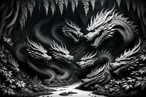 A cave in a dense forest, guarded by dragons, ((drawing lines)), drawing in black and withe, thick lines, filagree, realistic, blackbackgroung, monster, Leonardo Style,Pencil Draw,Fashion Illustration,Flat vector art,pencil sketch,lineart