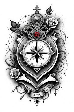 lineart tattoo design of a poker card(ace of hearts), with (a vintage chain watch, a retro compass and a rose superimposed), ((drawing lines)), drawing in black and withe, thick lines, filagree, realistic, white backgroung, monster, Leonardo Style,Pencil Draw,Fashion Illustration,Flat vector art,pencil sketch