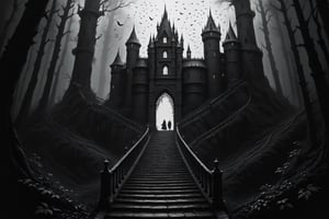 A staircase to an open door in a lonely big Casttle in the dark forest, vultures flying around, ((drawing lines)), drawing in black and withe, thick lines, filagree, realistic, BIg dark Casttle in background, white background, haunting atmosphere, horror environment, monster, Leonardo Style,Pencil Draw,Fashion Illustration,Flat vector art,pencil sketch,lineart,l0dbg