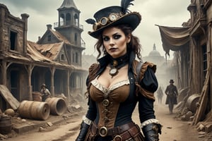 a steampunk woman with twisted features, dressed as a 19th century explorer, salacot, shorts, a sinister smile, carnival blues, ominous blacks and unsettling whites, sinister and ominous, disfigured features,  archaeological excavation atmosphere, spooky atmosphere and atmosphere of terror, old dilapidated archaeological excavation in background, 16k UHD, extreme realism, maximum definitions, ultra detail,monster,steampunk style,more detail XL