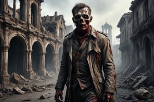 army officer of WWII zombie, putrid skin, disfigured features, torn, dirty and bloody clothes, walking along an old town ruins, the ground is covered in blood and bones, ruins are on fire, spooky atmosphere and atmosphere of terror, WWII plane crashed and burning in Background, 16k UHD, extreme realism, maximum definitions, ultra detail,monster,steampunk style