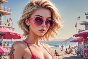 comic book illustrationt of a Baywatch woman, wearing sexy Baywatch swimsuit, wearing sunglasses, wearing Life Guard, (((only one woman))), lightly open lips, short blonde with pink highlights hair, tattooed  body, full color, vibrant colors, 
sexy body, detailed gorgeous face, lonely environment, Santa Monica beach in background, exquisite detail,  30-megapixel, 4k, Flat vector art, Vector illustration, Illustration,,,,<lora:659095807385103906:1.0>