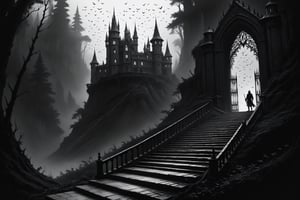 A staircase to an open door in a lonely big Casttle in the dark forest, vultures flying around, ((drawing lines)), drawing in black and withe, thick lines, filagree, realistic, BIg dark Casttle in background, white background, haunting atmosphere, horror environment, monster, Leonardo Style,Pencil Draw,Fashion Illustration,Flat vector art,pencil sketch,lineart,l0dbg