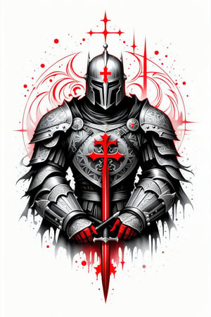 lineart tattoo design, Knight Templar, geometric forms with red cross superimpossed, ((drawing lines)), drawing in black and withe, thick lines, filagree, realistic, silkscreen dot pattern in background, white background, monster, Leonardo Style,Pencil Draw,Fashion Illustration,Flat vector art,pencil sketch,1y0n