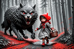 terrified Little Girl Riding Hood walking slowly by a dense forest, wearing a wicker basket, being attacked by a big wolf with red eyes, ((drawing lines)), ((only one girl)), drawing in black and withe, thick lines, filagree, realistic, scary environmet, grey backgroung, monster, Leonardo Style,Pencil Draw,Fashion Illustration,Flat vector art,pencil sketch,lineart