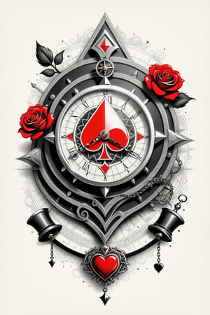 lineart tattoo design of a poker card(ace of hearts), with (a vintage chain watch, a retro compass and a rose superimposed), ((drawing lines)), drawing in black and withe, thick lines, filagree, realistic, white backgroung, monster, Leonardo Style,Pencil Draw,Fashion Illustration,Flat vector art,pencil sketch