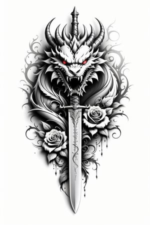 lineart tattoo design of a dagger, with (a dragon head and a rose superimposed), ((drawing lines)), drawing in black and withe, thick lines, filagree, realistic, white backgroung, monster, Leonardo Style,Pencil Draw,Fashion Illustration,Flat vector art,pencil sketch