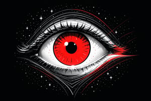 A lonely heart-shaped eye in a background full of stars, ((drawing lines)), drawing in (black, withe and red), thick lines, filagree, realistic, ((white background)), monster, Leonardo Style,Pencil Draw,Fashion Illustration,Flat vector art,pencil sketch,lineart