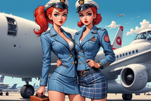 vintage comic book illustration of a commercial aviation captain woman at the airport, only one woman, ((airport buildings background)), red ponytail hairstyle, wearing blue leather jacket, plaid miniskirt, white aviation captain cap, wearing white blouse, showing small breast under the bloue, great cleavage, long cleavage, sexy body, black lips, tattooed body, detailed gorgeous face, exquisite detail, ((full body)), 30-megapixel, 4k, Flat vector art, Vector illustration, Illustration, <lora:659095807385103906:1.0>,,rubber_hose_character,<lora:659095807385103906:1.0>,<lora:659095807385103906:1.0>