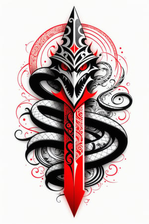 lineart tattoo, geometric design of a dagger with a snake around, with worn red stripes superimposed, ((drawing lines)), drawing in black and withe, thick lines, filagree, realistic, silkscreen dot pattern in background, white background, monster, Leonardo Style,Pencil Draw,Fashion Illustration,Flat vector art,pencil sketch