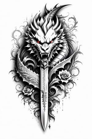 lineart tattoo design of a dagger, with (a dragon head and a rose superimposed), ((drawing lines)), drawing in black and withe, thick lines, filagree, realistic, white backgroung, monster, Leonardo Style,Pencil Draw,Fashion Illustration,Flat vector art,pencil sketch