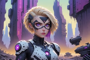 comic book illustration of a portrait of a cyborg woman in a dystopian city, wearing black and white cyborg suit, cyborg arm, wearing futuristic glasses, (((only one woman))), cyborg parts in face, short blonde with violet highlights hair, tattooed  body, full color, vibrant colors, armed with a gun in her hand, 
sexy body, detailed gorgeous face, lonely environment, jellyfish with jewels in foreground, dystopian city with droids in background, exquisite detail,  30-megapixel, 4k, Flat vector art, Vector illustration, Illustration,cyborg style,cyborg,<lora:659095807385103906:1.0>