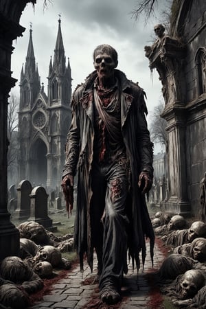 a zombie, putrid skin, disfigured features, torn, dirty and bloody clothes, walking along a path that borders a graveyard, bodies on the ground, spooky atmosphere and atmosphere of terror , gothic Cathedral in Background, 16k UHD, extreme realism, maximum definitions, ultra detail,monster,steampunk style