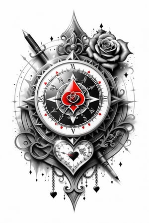 lineart tattoo design of a poker card(ace of hearts), with (a vintage chain watch, a retro compass and a rose superimposed), ((drawing lines)), drawing in black and withe, thick lines, filagree, realistic, white backgroung, monster, Leonardo Style,Pencil Draw,Fashion Illustration,Flat vector art,pencil sketch
