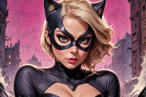comic book illustration of a portrait of a woman dressed as Catwoman, wearing catwoman mask, wearing glasses, (((only one woman))), lightly open lips, short blonde with pink highlights hair, tattooed  body, full color, vibrant colors, action shot, 
sexy body, detailed gorgeous face, shooting a movie, film environment, film set in background, exquisite detail,  30-megapixel, 4k, Flat vector art, Vector illustration, Illustration,,,<lora:659095807385103906:1.0>